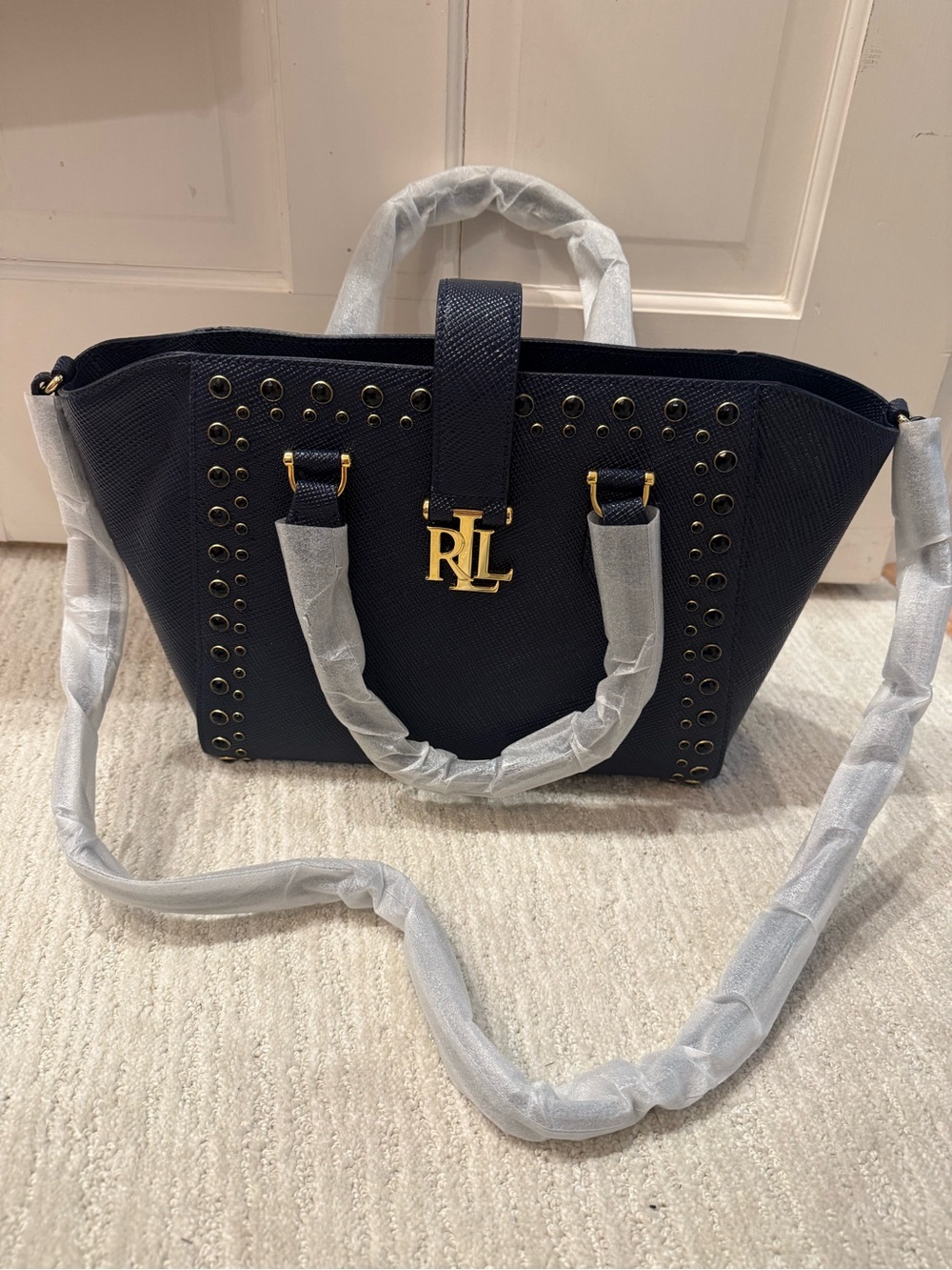 Ralph Lauren Navy Satchel with Gold RL Hardware and Stud Detailing